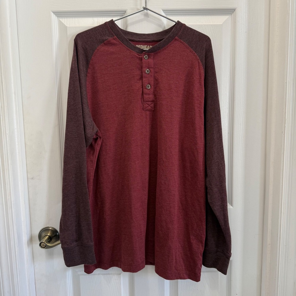 Redhead Mens Raglan Henley Shirt Long Sleeve Burgundy Heathered Large